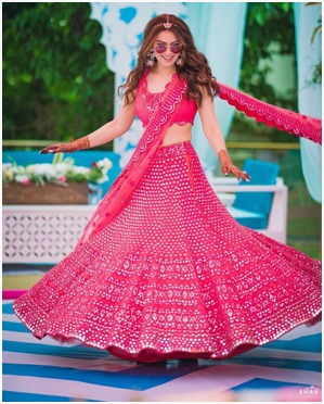 Red Lengha with proper mirror work